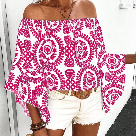 Hot Pink Boho Women's Off-Shoulder Daily Shirt With Random Printed Pattern - Picture 4 of 6